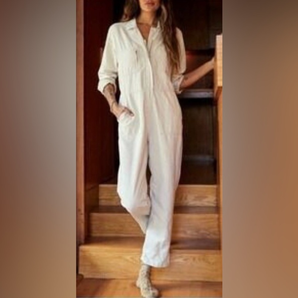 OUTERKNOWN Station Jumpsuit Women Medium Natural Long Sleeve Zip One Piece Linen